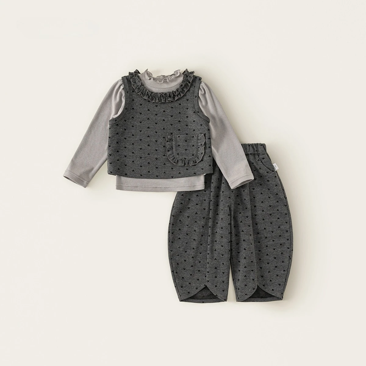 Suit Love Three Piece Set Children's Clothing Black Fungus Edge Base Shirt Lace Vest Carrot Pants Fashion Set