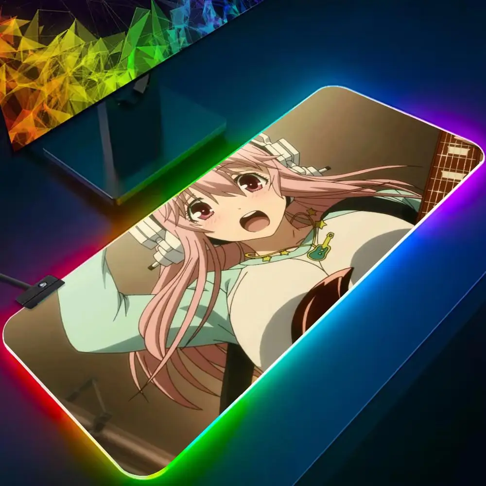 Super Sonico Mouse Pad RGB Gaming Mousepad Big LED Pad PC Desk Mat Luminous Mouse Pad Large Keyboard Mats Table Rug With Backlit