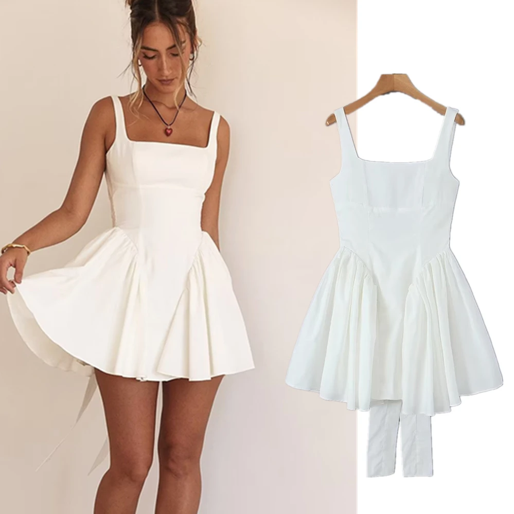 Withered French Elegant White Cotton Stitching Sexy Backless Mini Dress Fashion Ladies Layered Tank Dress Women