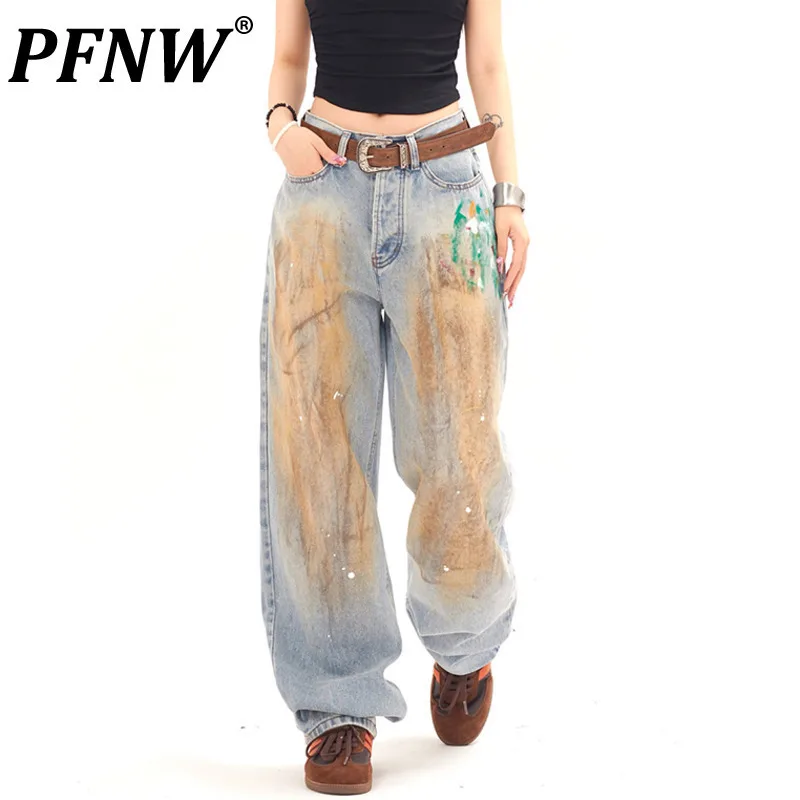 

PFNW Splash Ink Jeans Male Contrast Color Painted Distressed Dirty Worn-out Wide Leg Men Trendy 2024 Summer Bottoms 28W3445