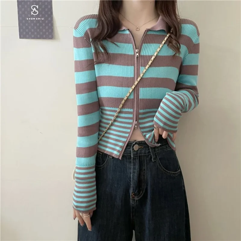 Spring Design Feeling Knitwear Cardigan Women Contrast Stripe Polo Neck Double Zip Cardigan Coat Long Sleeve Short Sweater Top