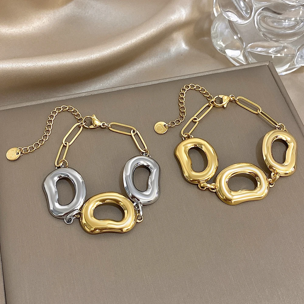 

Waterproof Stainless Steel Hollow Out Geometric Bracelet for Women Glossy Smooth Gold Color Chain Bracelet Daily Jewelry Gift