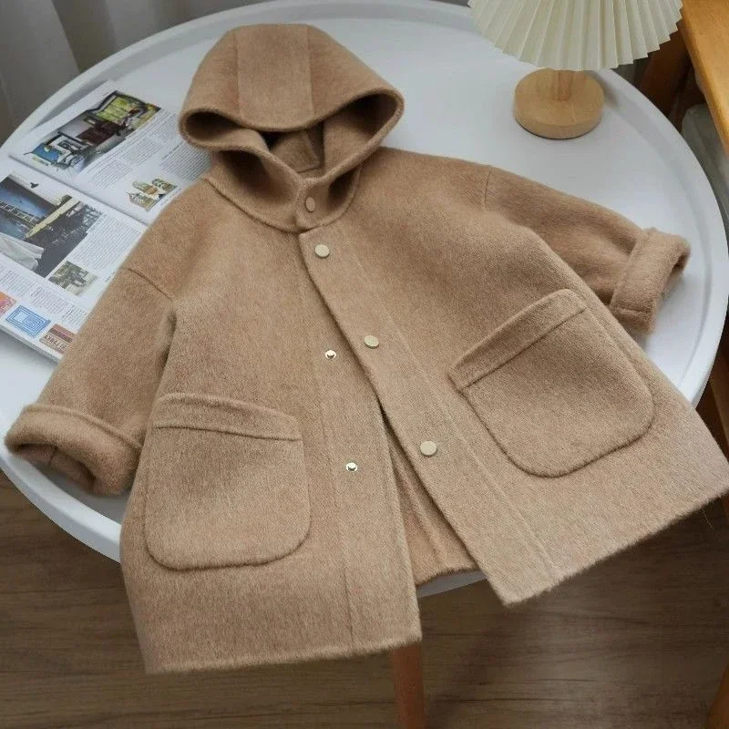 Children\'s Clothing 2023 Autumn winter New Camel Colored Double-sided Hooded Coat Children\'s Stylish Medium Length Woolen Coat