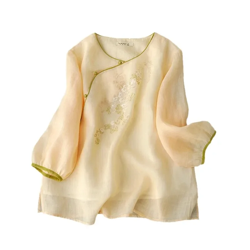 

Женская блузка в китайском стиле с вышивкой, льняная, с рукавом 3/4, на пуговицах-лягушках, винтажный топ