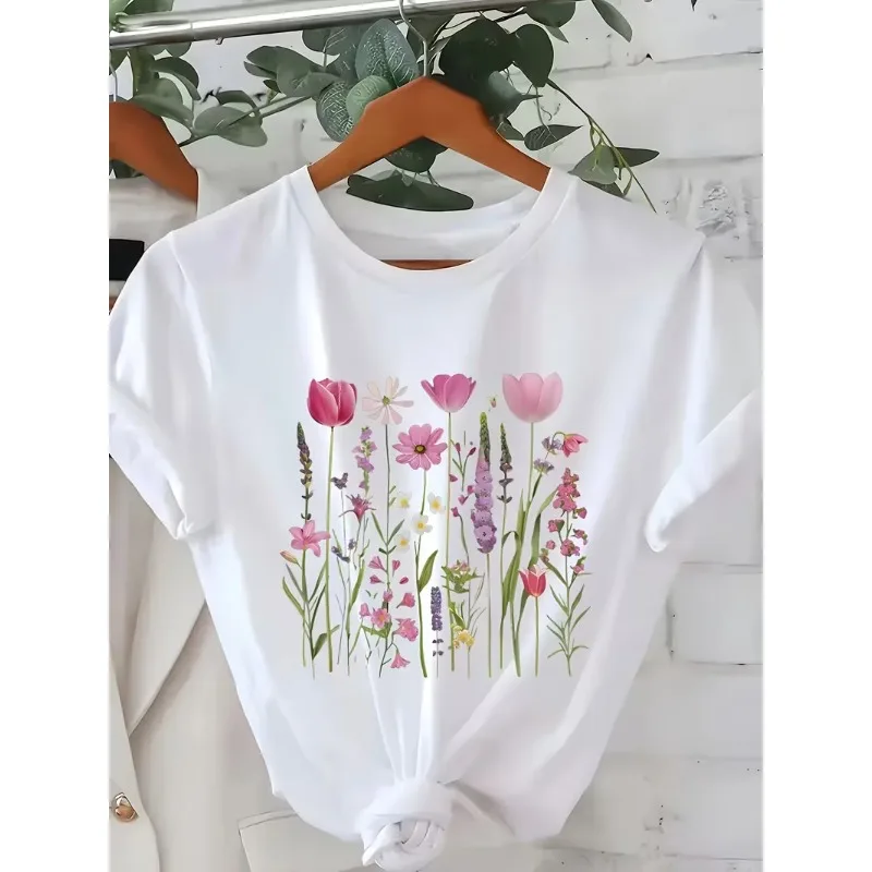 T-shirt rose à motif de tulipes sauvages, esthétique botanique Cottagecore, col rond, décontracté, à manches courtes, pour femmes, pour un usage quotidien