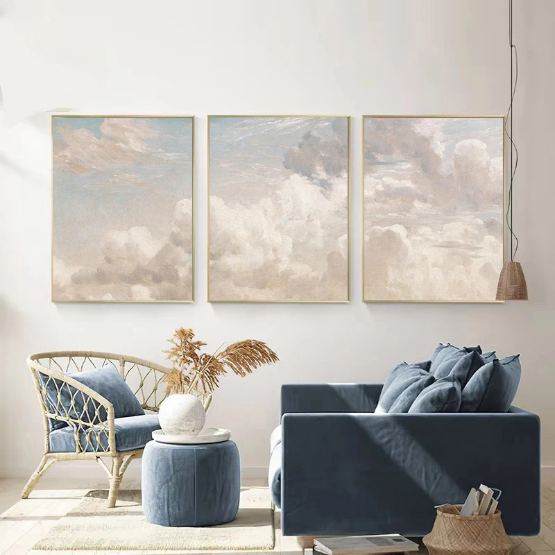 Tríptico-Vintage Pink Cloud e Sky Paisagem Pintura em Canvas, Poster Estilo Nórdico, Wall Art Pictures, Home Interior Decor, Scandinavian Decor