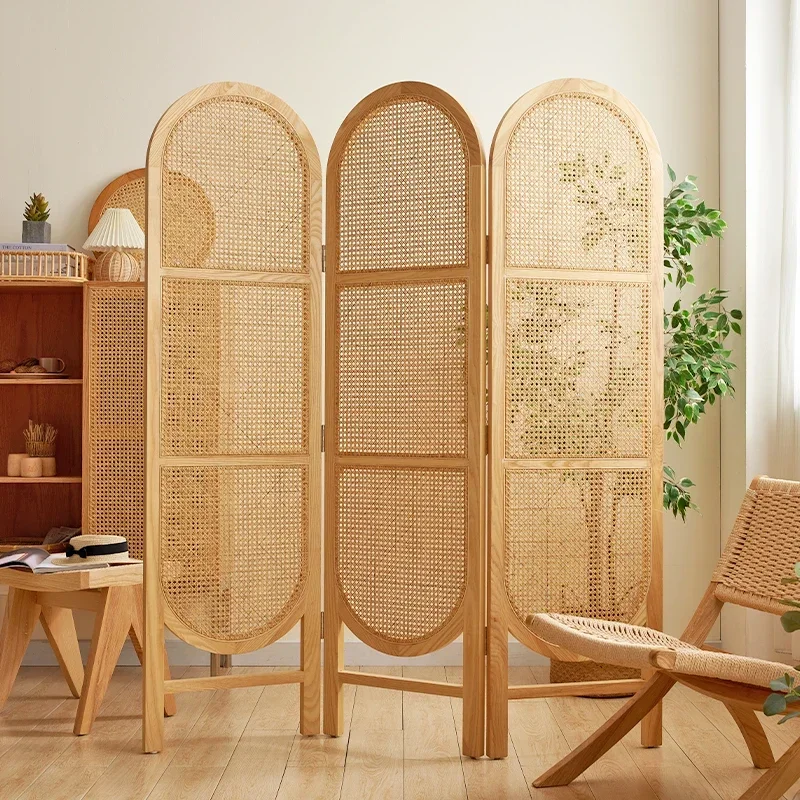 Japanese Retro Solid Wood Rattan Floor Folding Subareas Screens