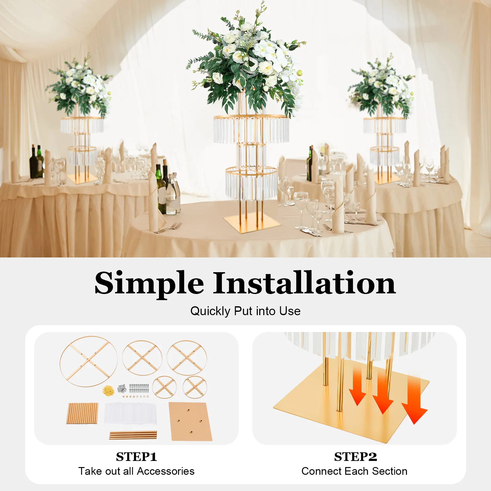 5-Tier Gold Display Stand, 110cm High Crystal Wedding Centerpieces Floral Rack, Free Standing Flower Stand for Banquet, Festival, Birthday Party