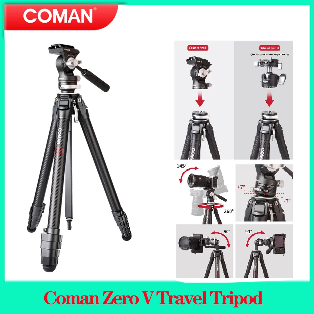 

Coman Zero V Portable Travel Tripod Full Carbon Fiber Tripods Lightweight Professional Outdoor DSLR Camera Tripod For Video