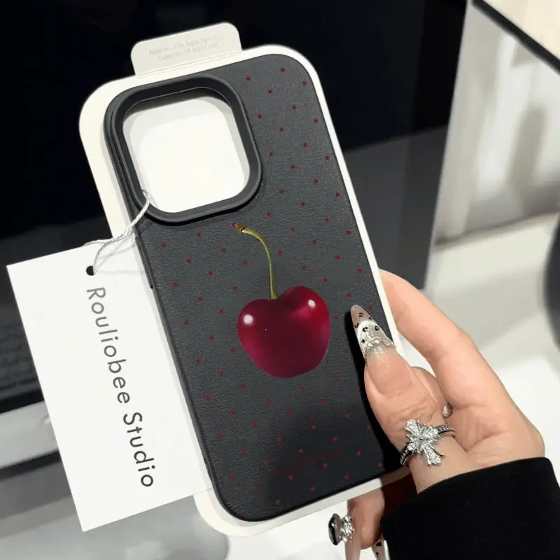 Sweet Red Polka Dot Cherry Fashion TPU Imitation Leather Phone Case For iPhone 16 Plus 15 14 13 12 11 Pro Max Shock-absorbing