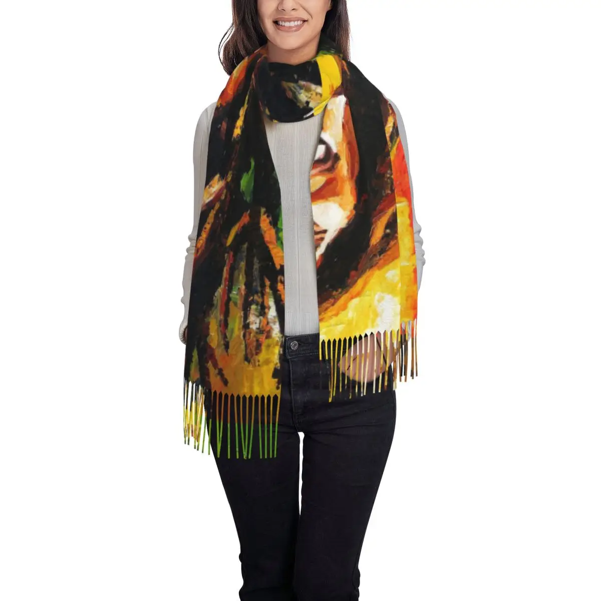 Custom Lady Large Jamaica Reggae Rock Bob Marley Scarves Women Winter Soft Warm Tassel Shawl Wraps Scarf