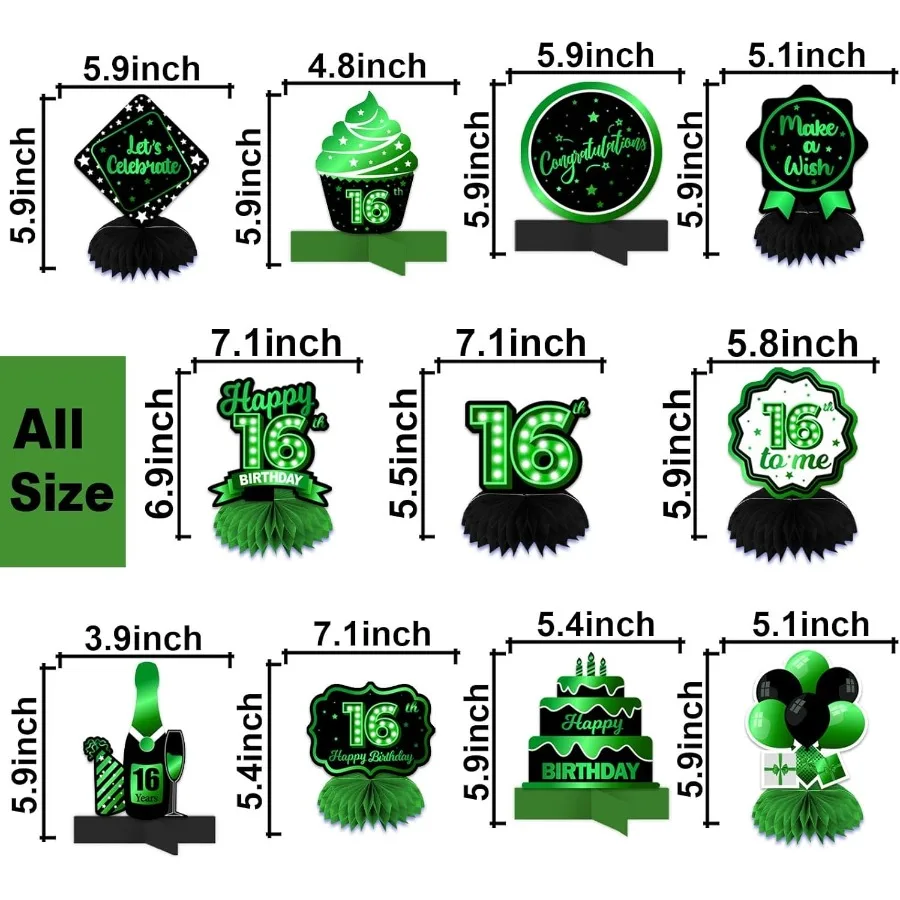 عيد ميلاد سعيد السادس عشر باللونين الأخضر والأسود قطع مركزية على شكل قرص العسل بالونات ديكور للطاولات وديكورات الطاولة للفتيات #2