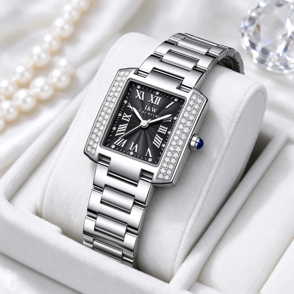 IW Reloj Mujer Luxury Square Diamond Watch Ladies Quartz Wristwatch Roman Dial Stainless Steel Bracelet Waterproof Women Watch