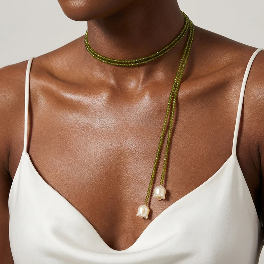 Romantische Fairycore-Halskette mit grünen Kristallperlen für Damen, weiße Lilien-Anhänger, vielseitige Choker-Accessoires, Schmuck, Geschenk – Detail 9
