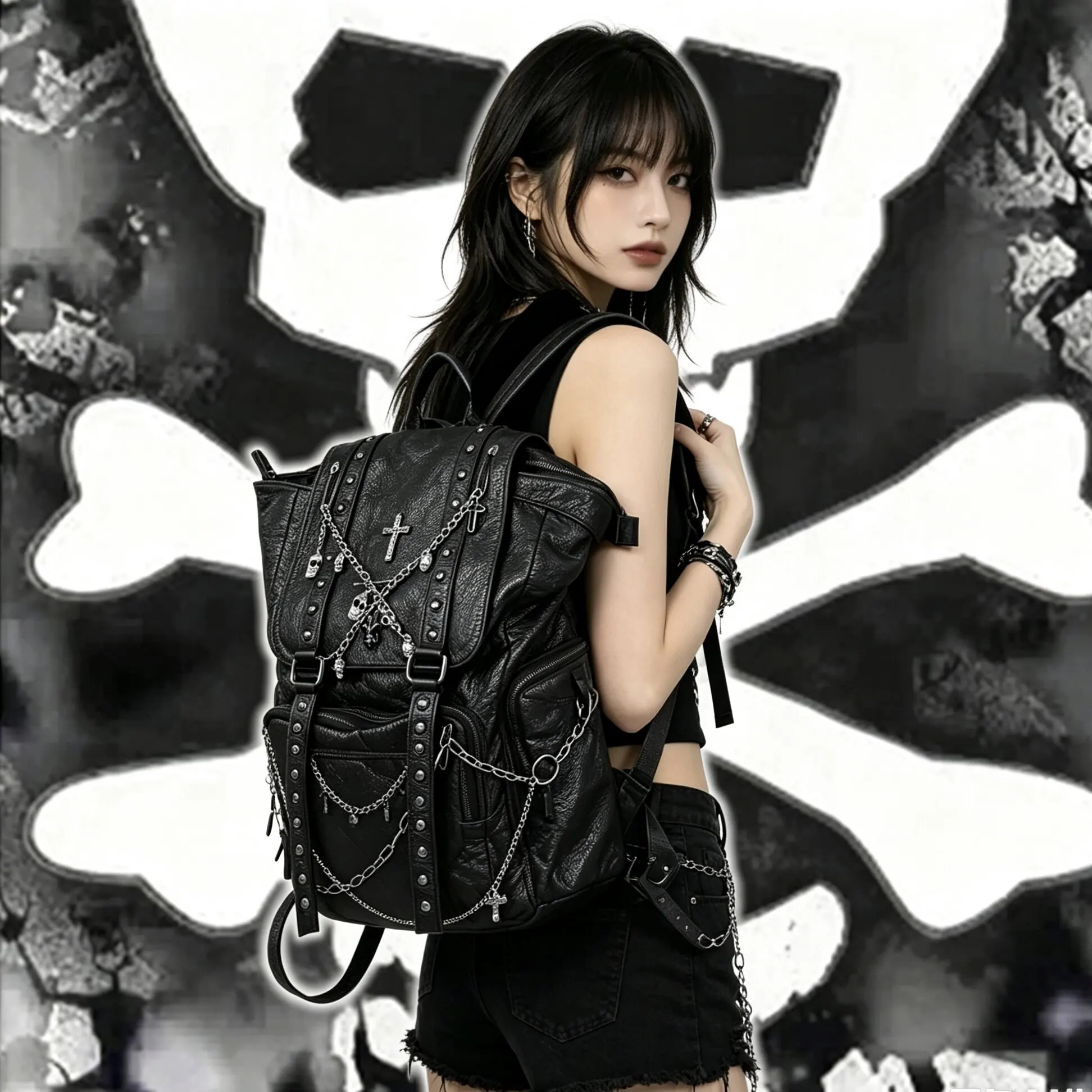 Black Punk Cross Backpack Y2K Large Capacity Backpack Soft Leather Shoulder Bag Commuter Tote Bag