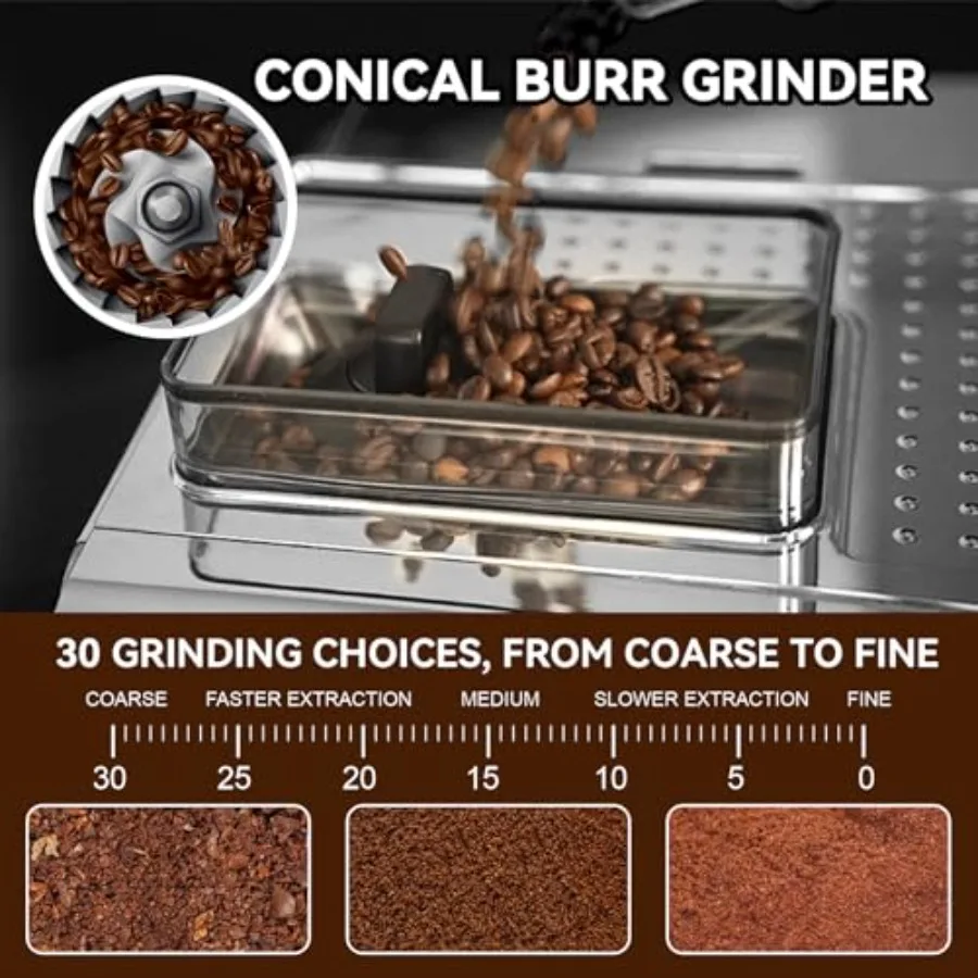 Máquina de café expreso profesional para uso doméstico y cafetería con extracción de alta presión de 20 bares 15 ajustes de molienda ajustables Heati dual