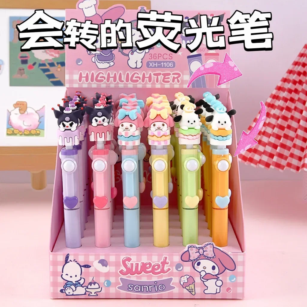 12pcs Sanrio Anime Kawaii Highlighter Color Pen Cute Cartoon Kuromi My Melody Spin Pen Marker Learning Stationery Gifts for Kid