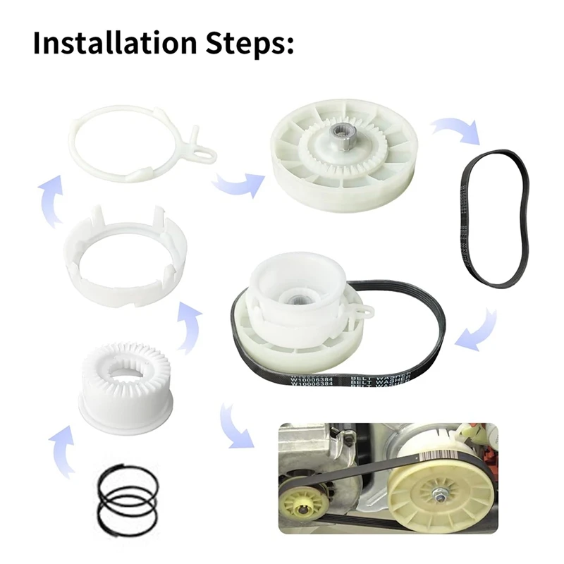 W10721967 Washer Pulley Clutch Kit, W10006384 Washer Drive Belt Replacement Kit Compatible For Whirlpool Kenmore Maytag