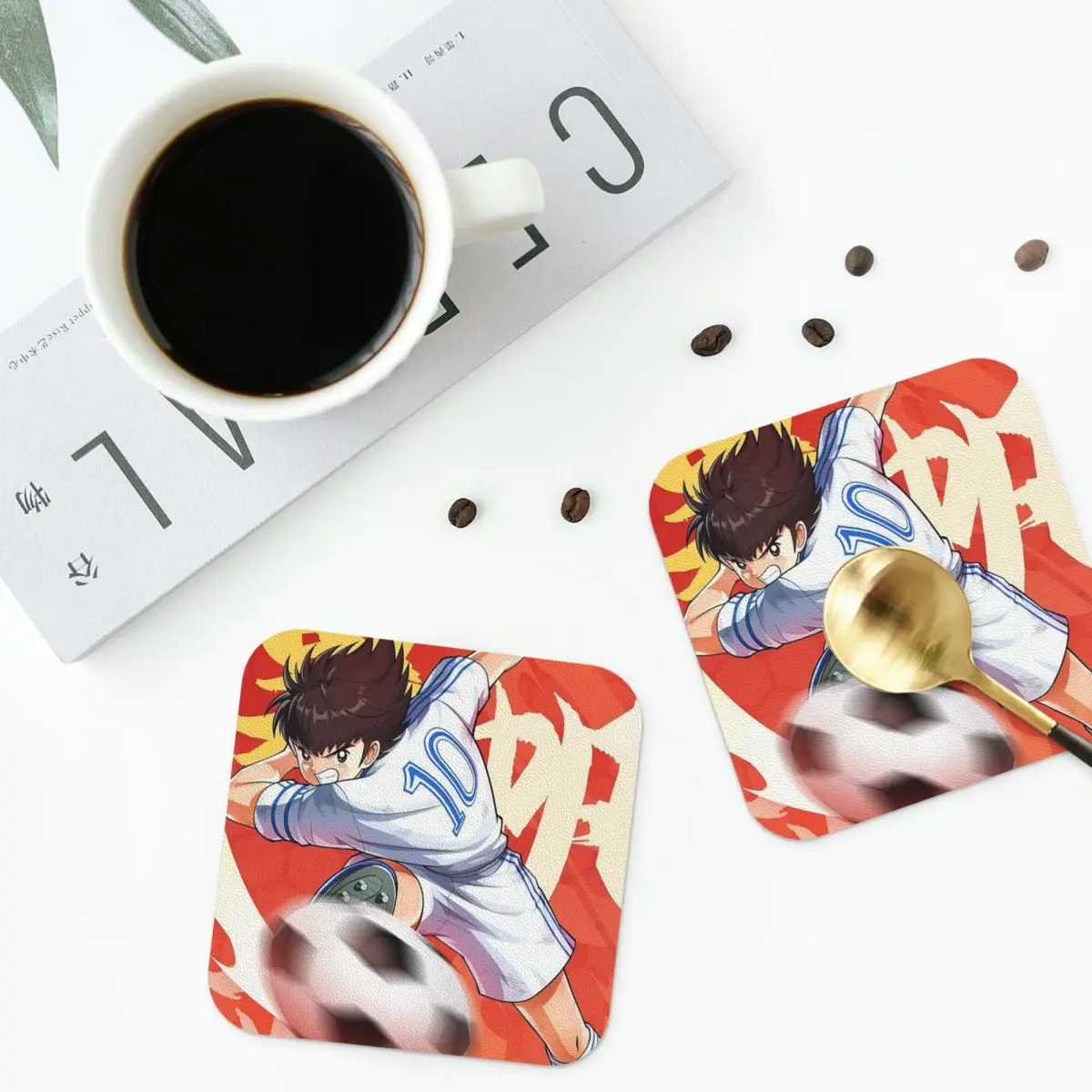 Captain Tsubasa Ozora Coasters Kitchen Placemats Waterproof Insulation Cup Coffee Mats For Decor Home Tableware Pads Set of 4