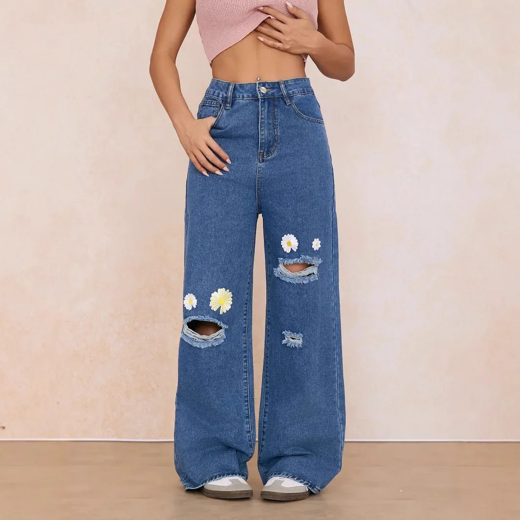 

Women Hole Jeans Wide Leg Pants Denims Embroidery High Waist Washed Distressed Streetwear Floor Length Ripped Straight Trousers