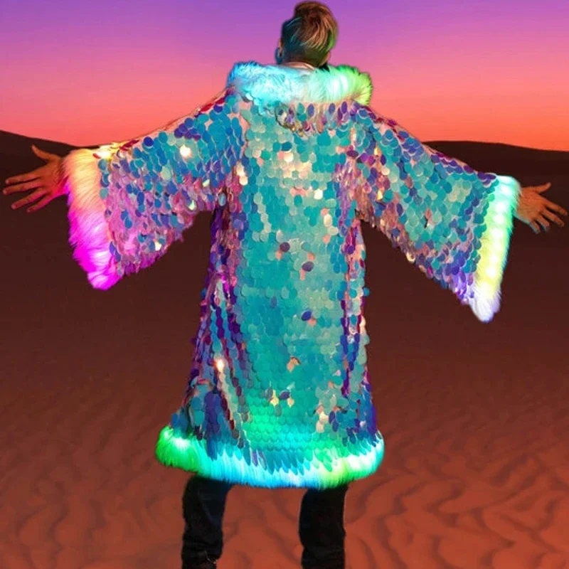 Silver Sequin Faux Fur Men Jacket LED Luminous Costume Patchwork  Applicable To Multiple Scenarios Faux Fur Coat Bar Performance