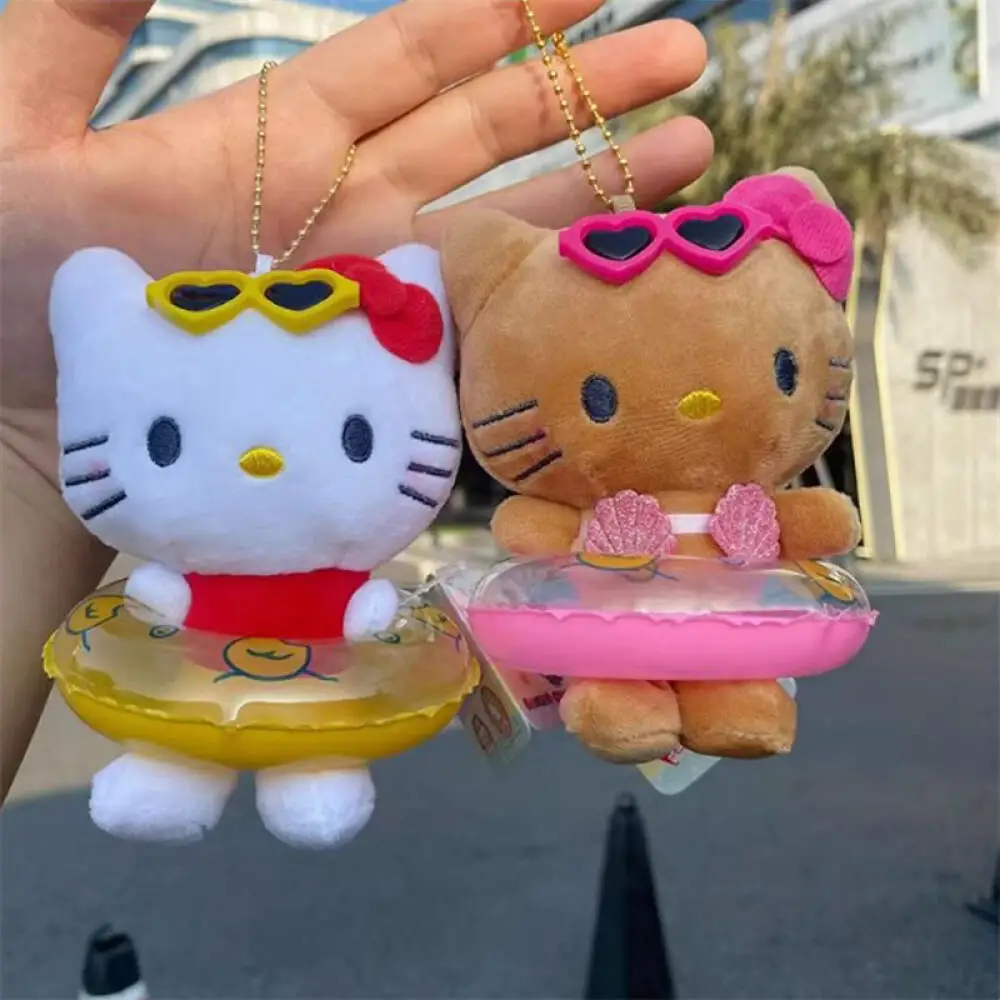 Sanrio HelloKitty Creative Swimming Ring Keychain Kawaii Hawaii Black Skin Kitty Cat Stuffed Doll Bags Pendants Couple Keychains