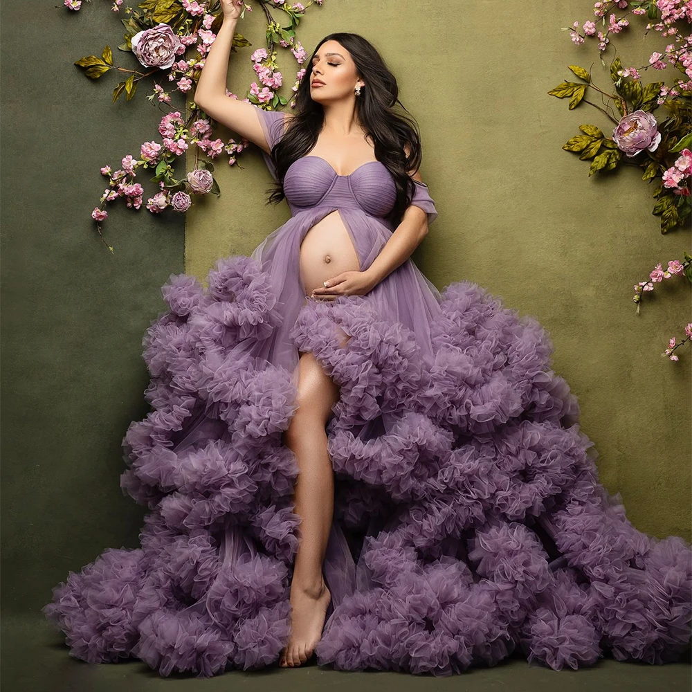 

Luxury Maternity Dresses for Photoshoot Ruffles Tulle Pregnant Gowns Off Shoulder Bridal Sleepwear Robe Front Split BabyShower
