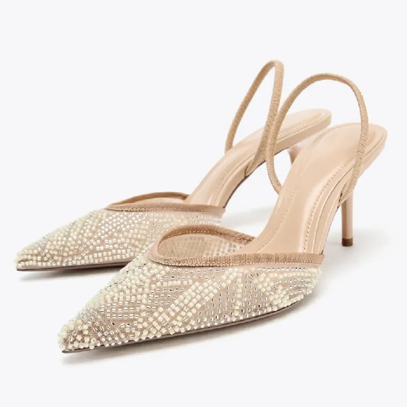 

Fashion String Bead Pointed Toe Wedding Bridal Shoes Luxury Brand Back Strap Designer Heels Elegant Evening Party Heeled Sandals