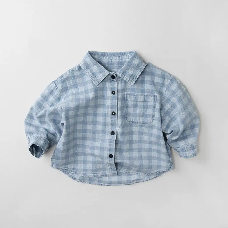 

2026 Spring New Children Long Sleeve Plaid Shirts Boys Fashion Denim Shirts Cotton Toddler Girl Casual Lapel Coat Kids Clothes