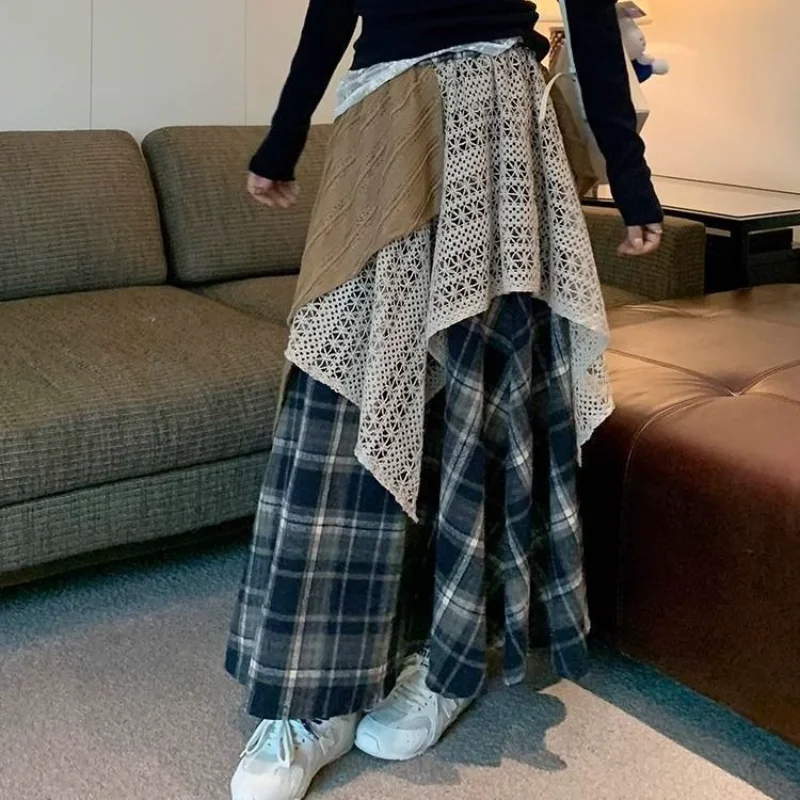 

Spring and Autumn New Retro Half Length Skirt for Women with Elastic Waist and A-line Plaid All-match Elegant Lace Splicin
