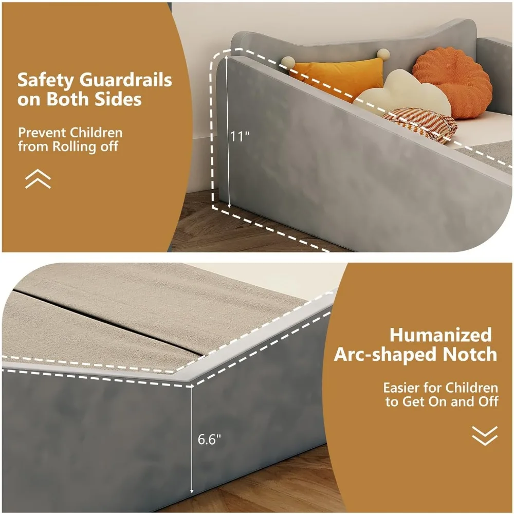 سرير طفل صغير على طراز مونتيسوري مع آذان حيوانات، سرير خشبي منجد مخملي ناعم للرضع مع حاجز حماية آمن