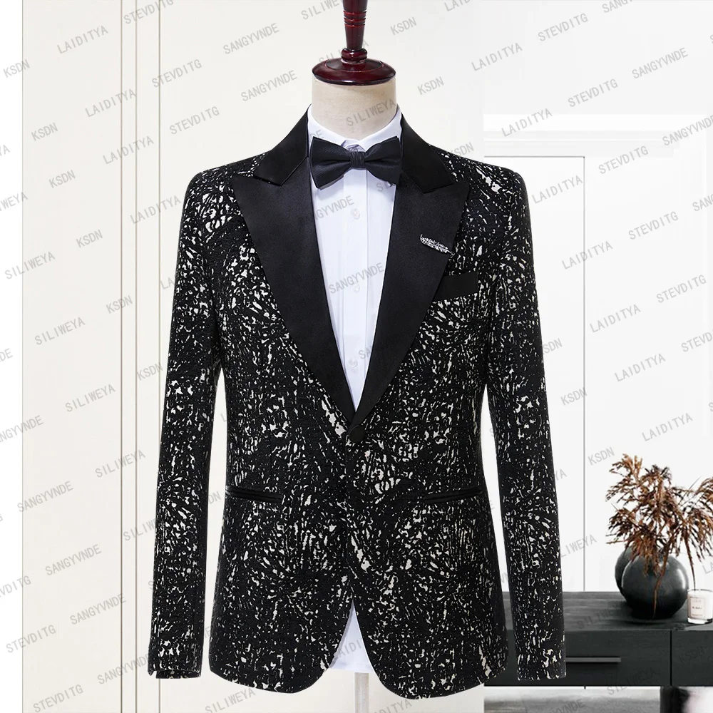 

2023 Costume Homme Black Jacquard One Buttom Tuxedo Casual Business Satin Lapel Men Suit Slim Fit Groom Blazer Male Jacket Coat