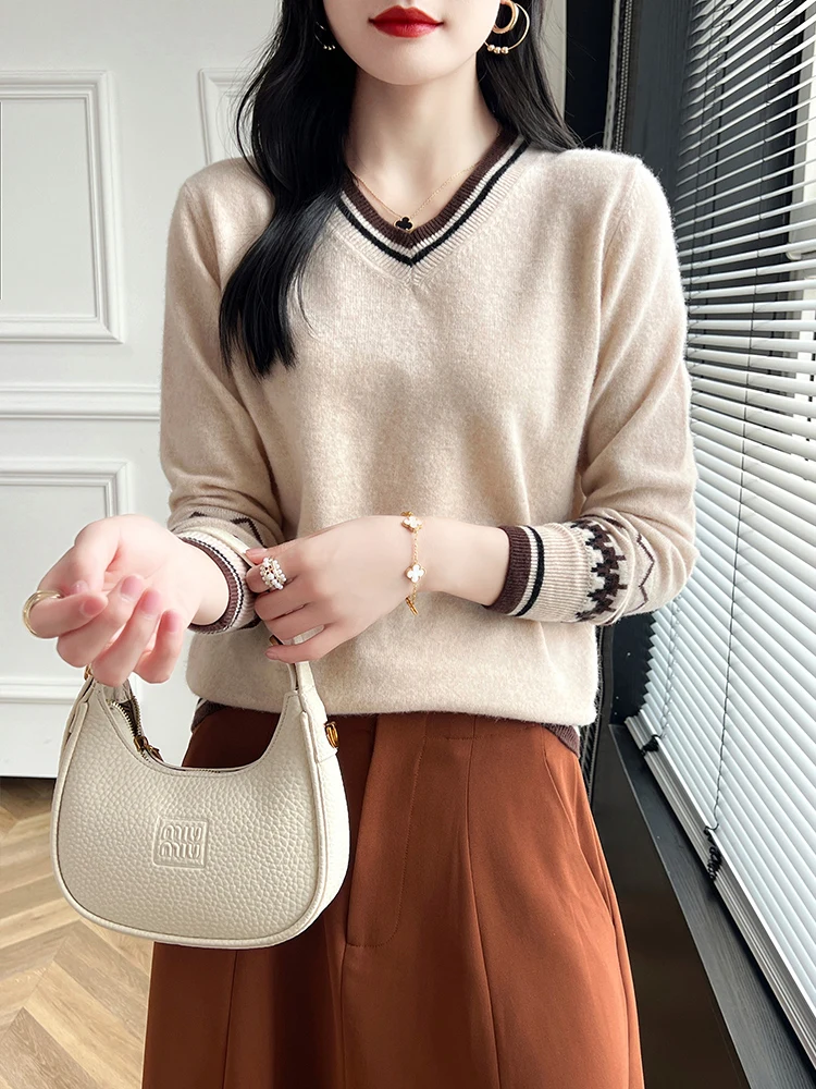 2024 New Cashmere Women's V-Neck Long Sleeve Basic Pullover Sweater 100% Merino Wool Knitwear Female Clothes Autumn Winter Top