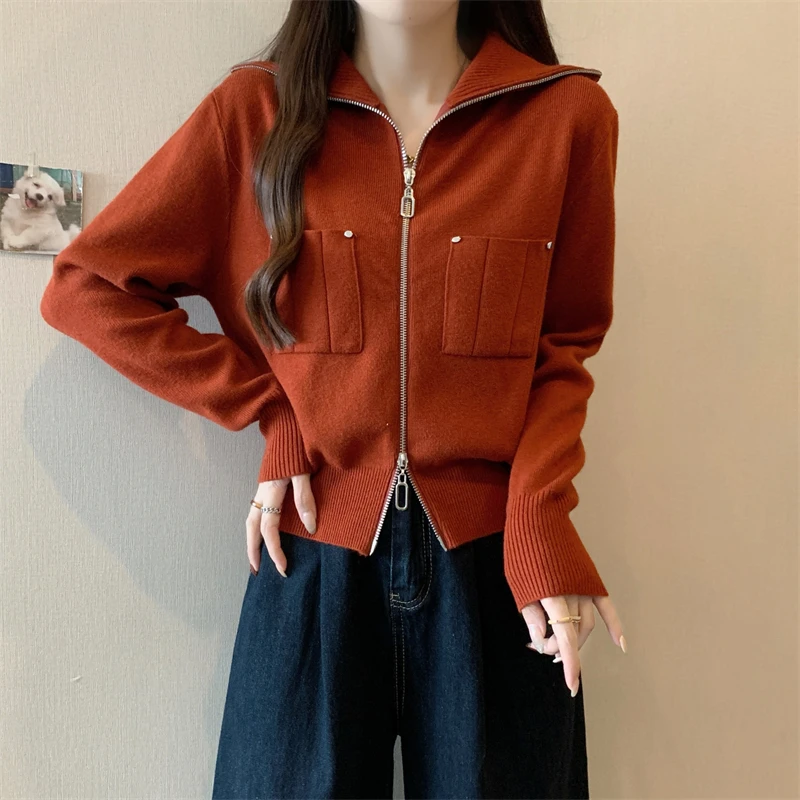 Maglione lavorato a maglia con doppia cerniera Autunno Inverno da donna Nuovo Sle plus Size Cappotto ort lusinghiero oulder Lunghezza Colletto rovesciato