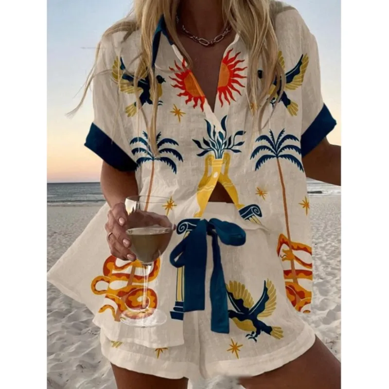 ผู้หญิงสบายหลวมกางเกงขาสั้นชุดฤดูร้อนพิมพ์เสื้อลําลองแขนสั้น + กางเกงขาสั้นขากว้าง 2 ชิ้นชายหาดสวมชุดหญิง