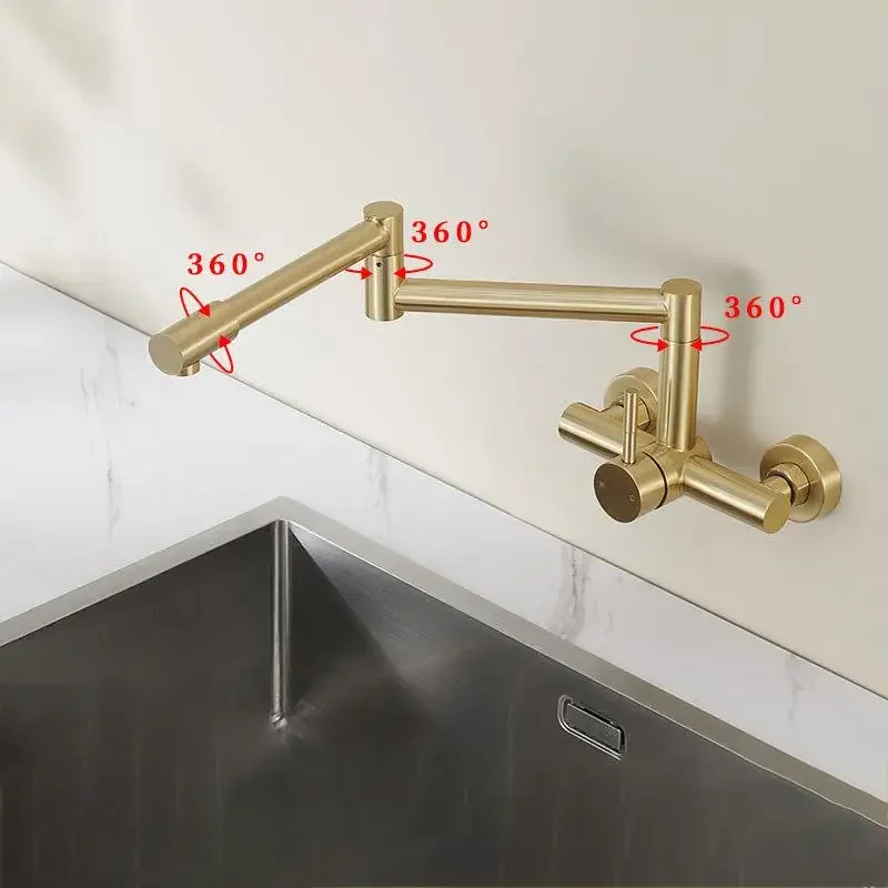 Brushed Gold Kitchen Pot Filler Faucet Folding 360 Rotating Spout Washing Wall Mounted Faucet Hot and Cold Water Mixer Sink Taps