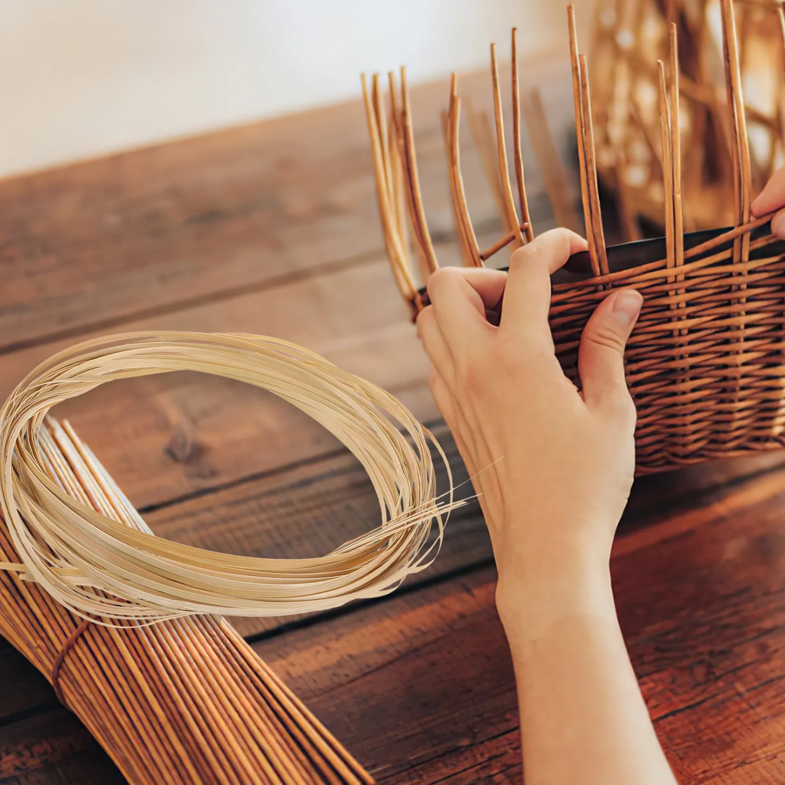 1 Rollo de Tiras de Bambú, Tiras de Bambú para Tejer, Material Multifuncional para Cestas DIY, Cinta Plana para Hacer Cestas