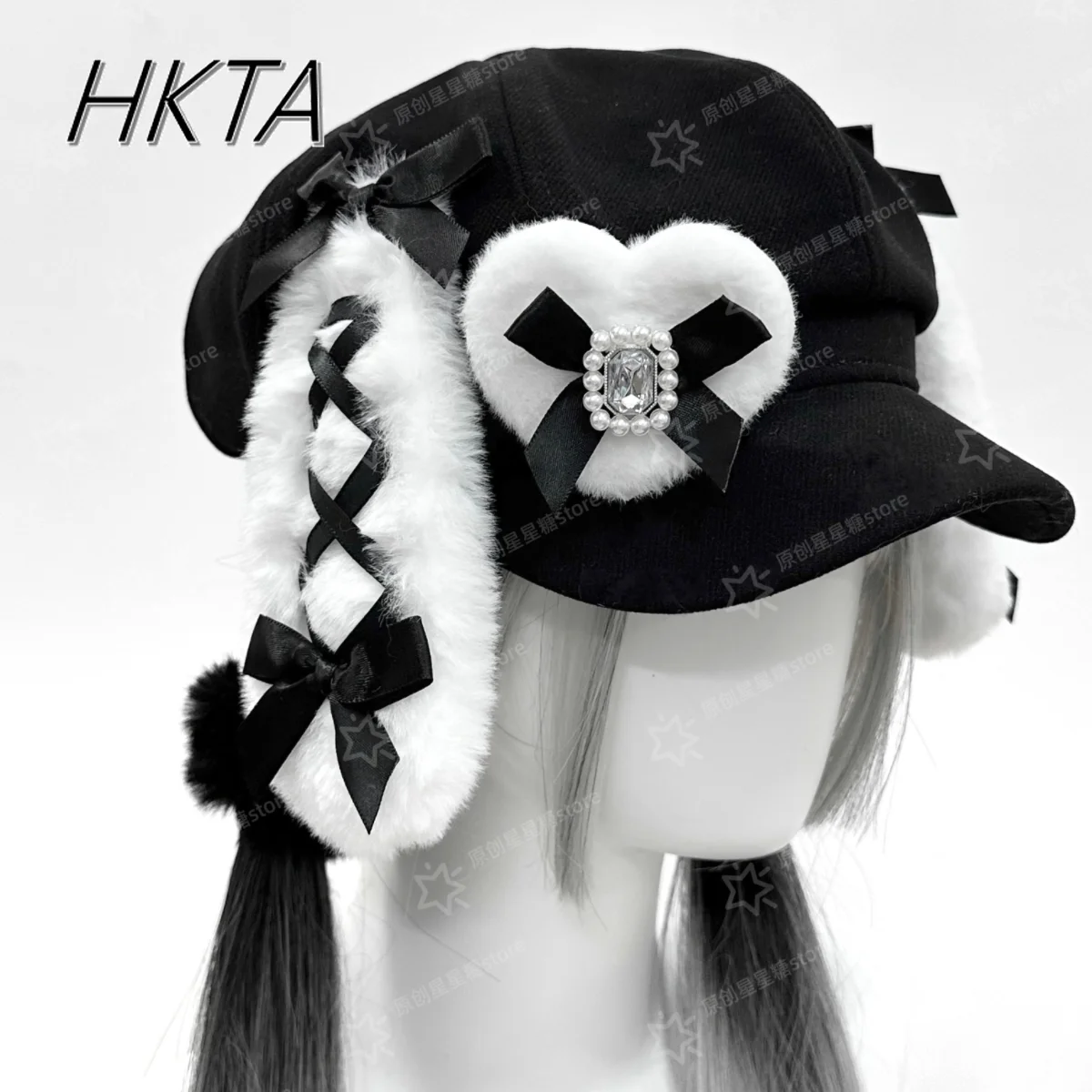 

Japanese Girls Octagonal Diamond Hat Bow Plush Cartoon Rabbit Ears Mining System Black Newsboy Cap Hat Y2k Cute Women Beret