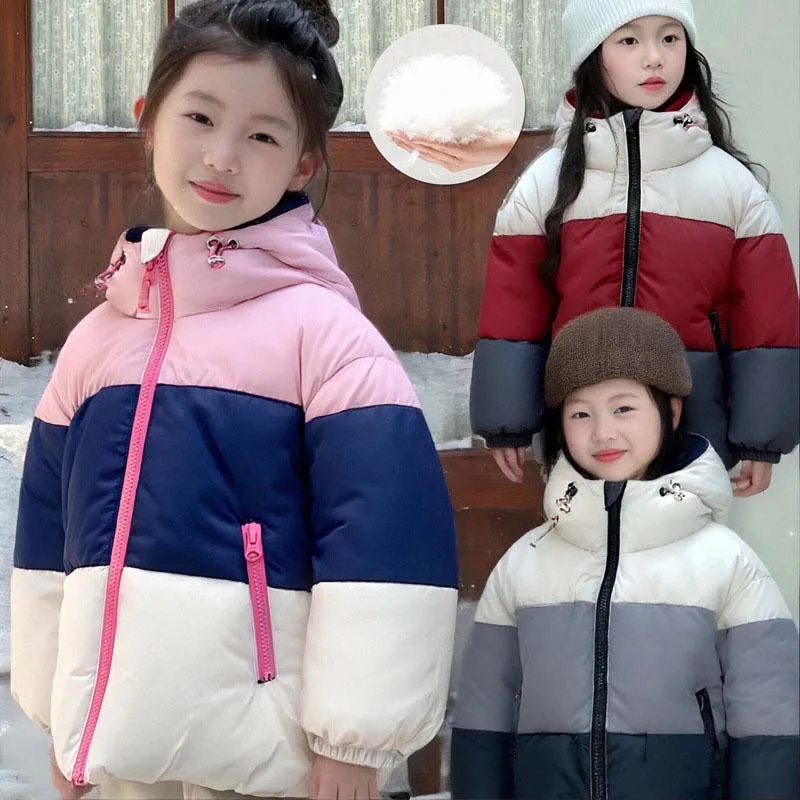 

Детская куртка на утином пуху для девочек от 1 до 10 лет, зимняя контрастная детская верхняя одежда для девочек, толстые теплые куртки с капюшоном для маленьких девочек