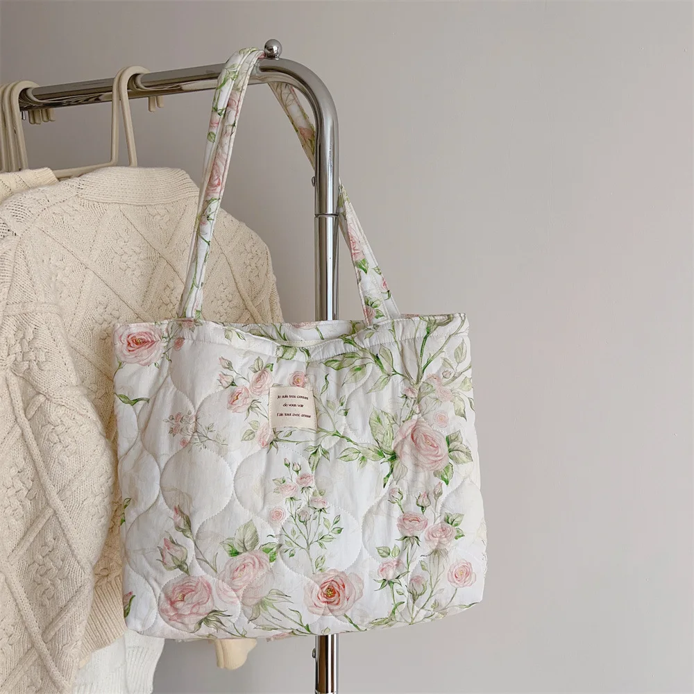 Sacola floral de algodão para mulheres, bolsa inchada chique na moda, bolsa de ombro acolchoada acolchoada, bolsa de compras designer, alça superior