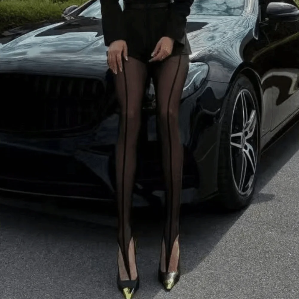 

Personality Perspective Vertical Line Pantyhose Elasticity High Waist Asymmetry Leggings Full Body Stockings Women