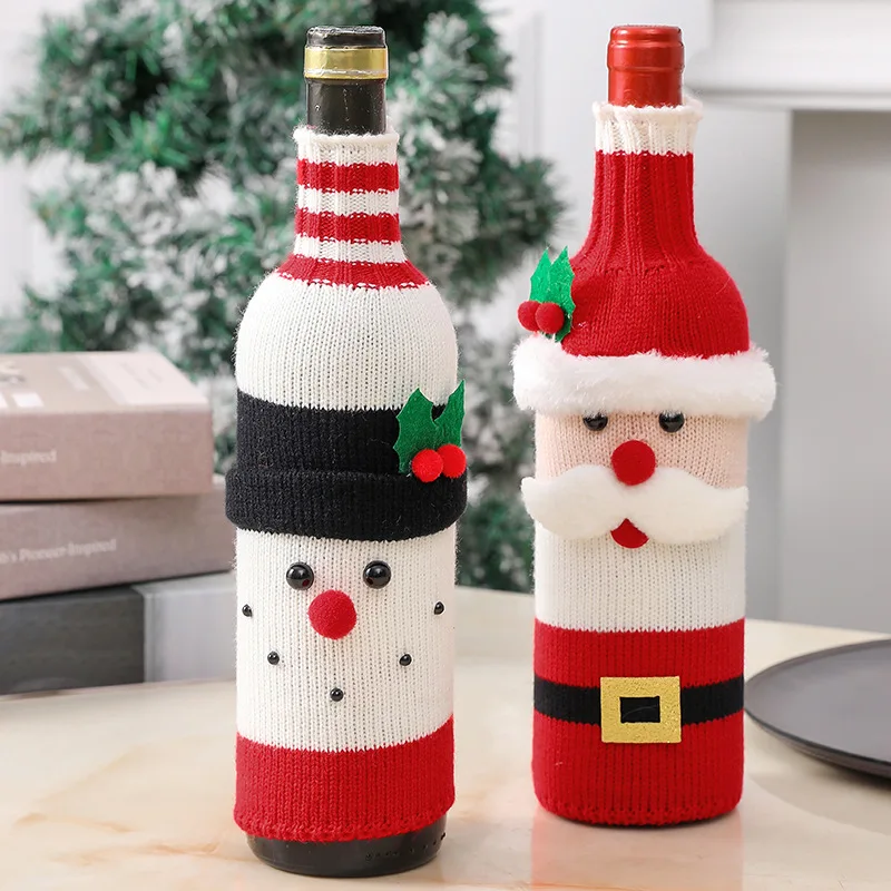 Santa Design Knitted Wine Bottle Cover Xmas Champagne Bottle Sleeve Christmas Ornament for Restaurant Holiday Scene Decoration