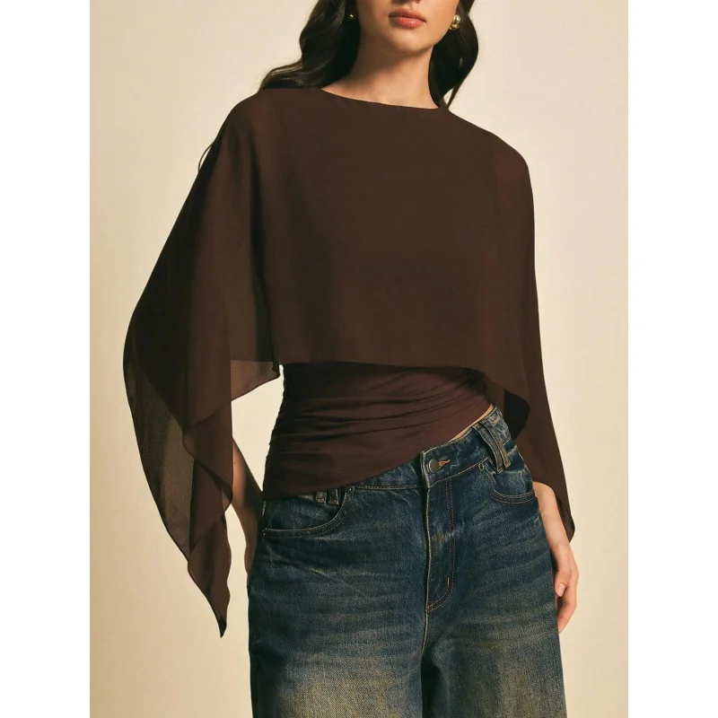 

Women'S Coffee Chiffon Cape Two-Piece Irregular-Shirt