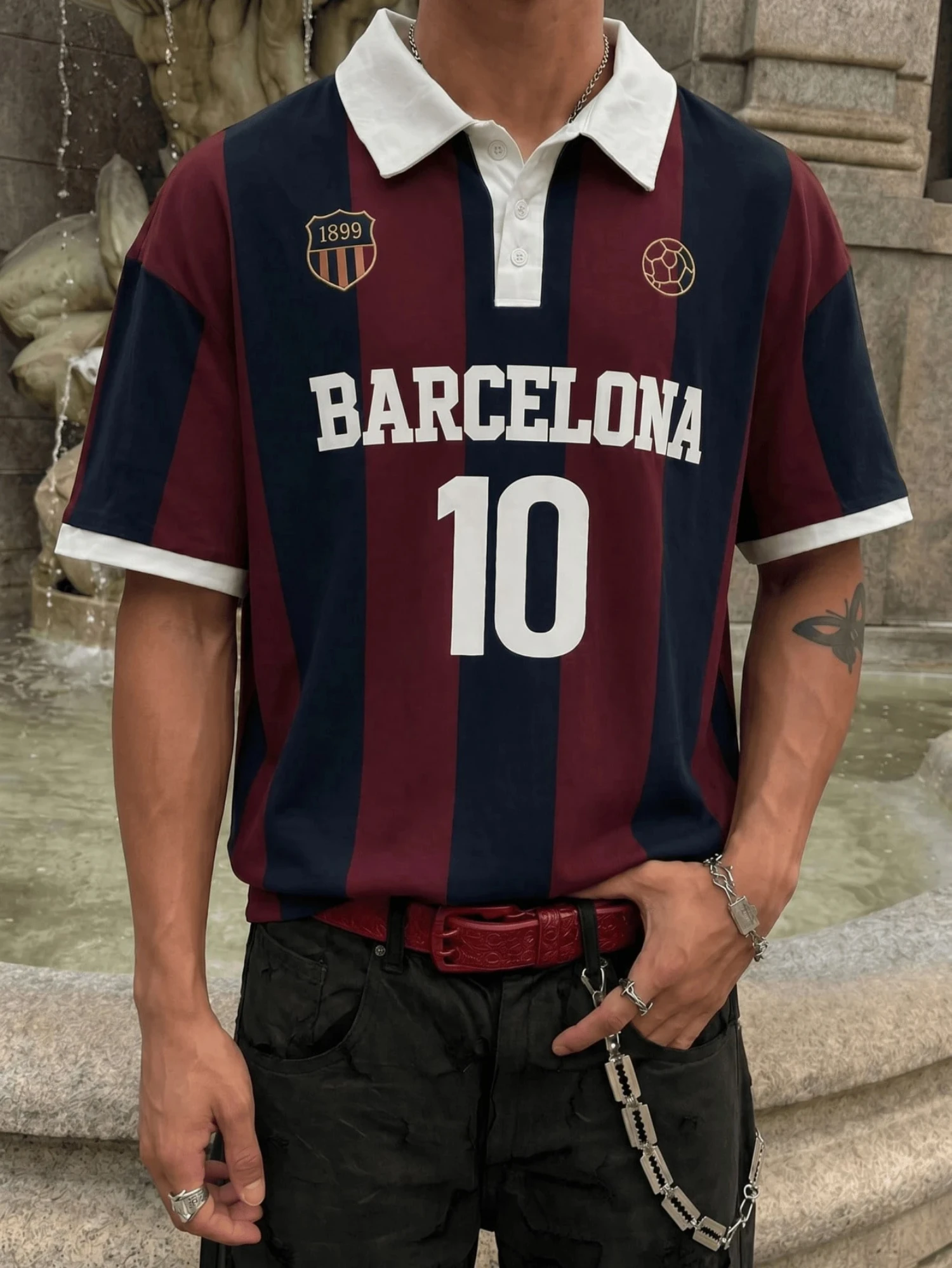 Herren Barcelona Fußball-Trikot-Stil Poloshirt, Gestreiftes Muster T-Shirt, Retro Fußball-Stil Lässiges Tägliches Sport-Sommer-Polo-Oberteil – Detail 3