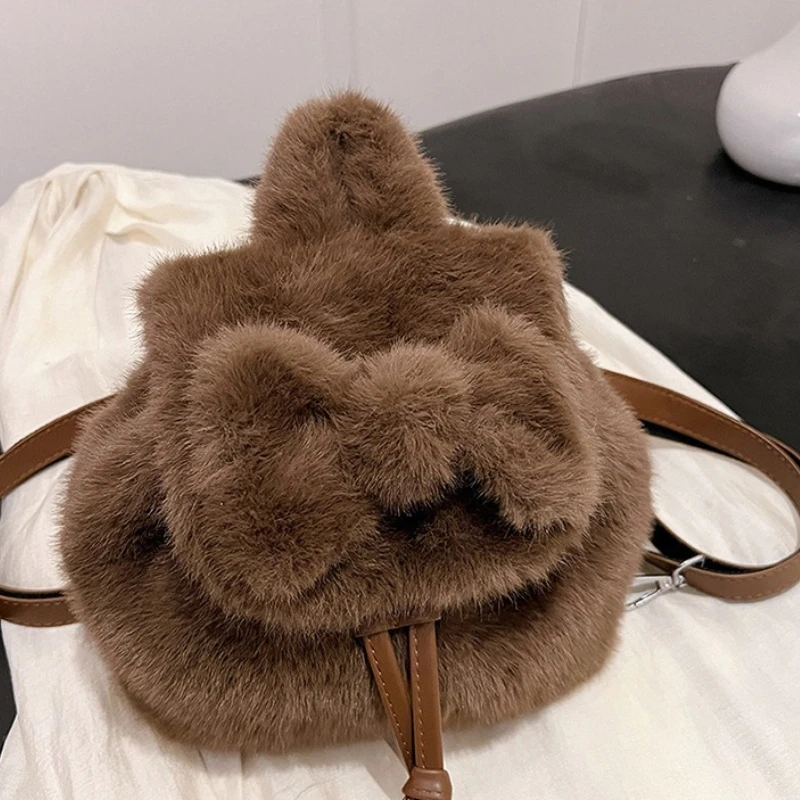 New Drawstring Faux Fur Backpack Lightweight Versatile Student Schoolbag Travel Backpack Plush Bag Plush Women Mini Backpack