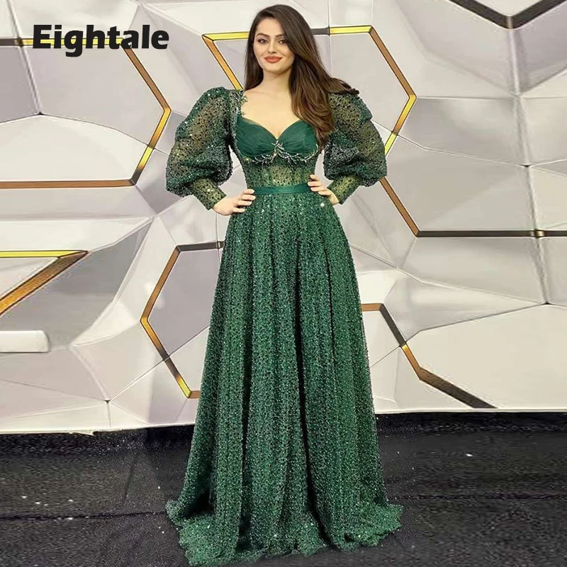 Eightale Emerald Green Prom Dresses Sweetheart Belt Glitter Evening Gowns Long Puffy Sleeves Arabic Formal Wedding Party Gown