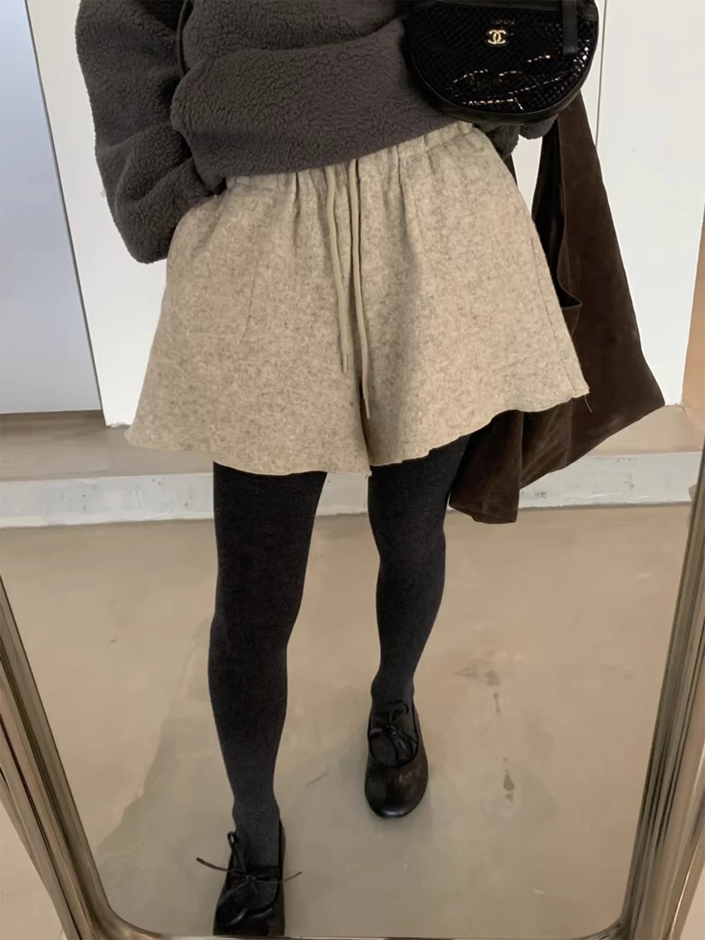 السيدات مستقيم الساق الصوفية عارضة السراويل عالية الخصر Dstring واسعة الساق ort السراويل لون نقي كيت تصميم الشتاء Faion #5