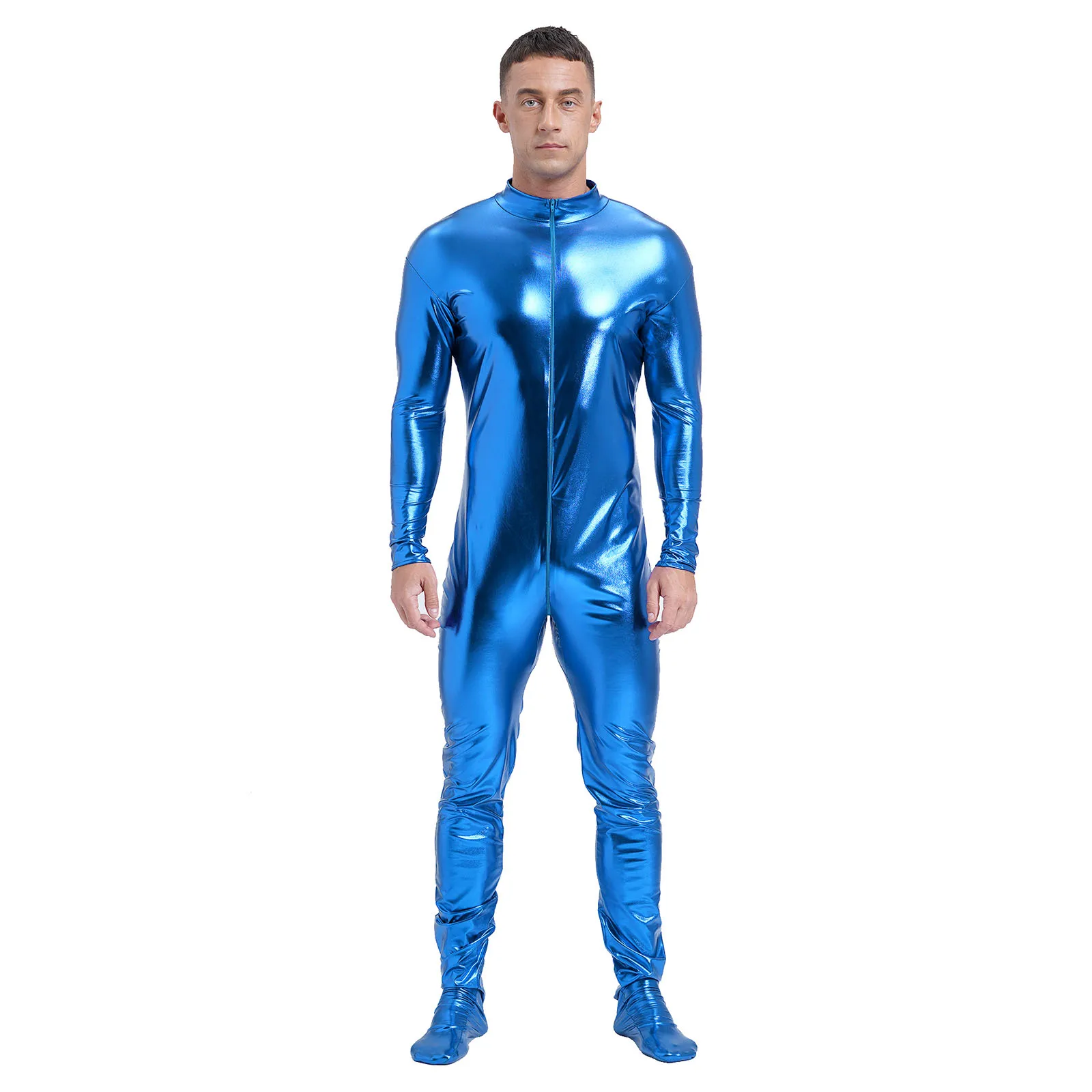 Men Shiny Screen Invisibility Jumpsuit Outfits Long Sleeve Full Body Unitard for Stage Performance Party Club Dancing Costumes