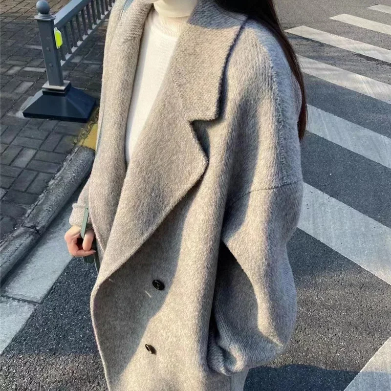 New Mulberry Silk Superfine Wool Coat Thick Double-sided Cashmere Coat Double-breasted Women Lapel Long Winter Wool & Blends