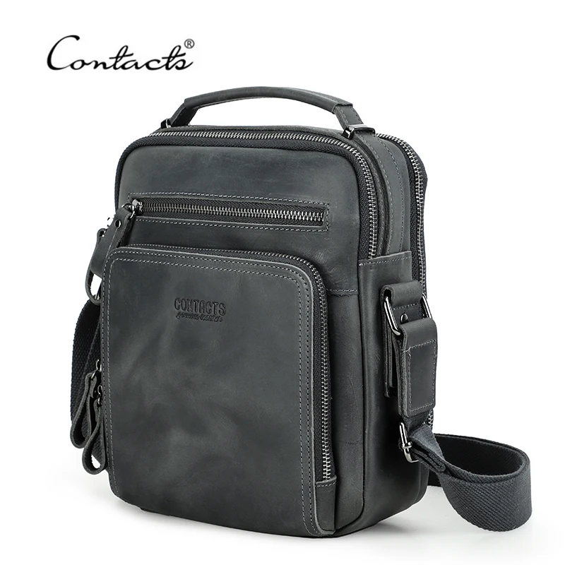 

CONTACT'S vintage men's shoulder bag crazy horse&nubuck genuine leather messenger bag for Ipad 9.7" male handbag man sling bags